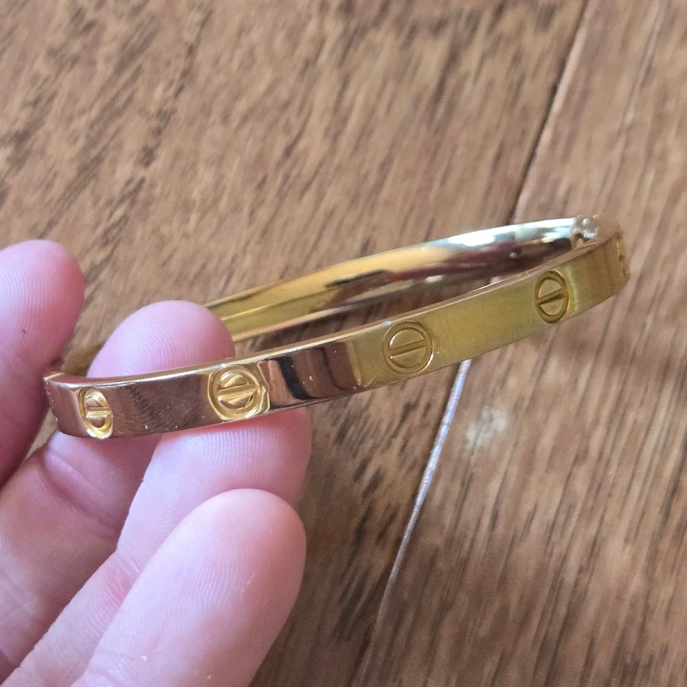 Gold Tone Stainless Steel Screw Motif Hinge Bangle Bracelet Oval Minimalist